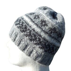 Men's Alpaca Fair Isle Beanie Wool Hat Handmade Knit Gray Black Winter Nordic